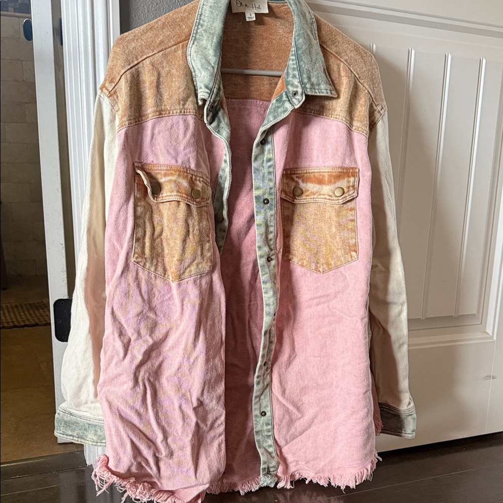Colorblock Denim Jacket with Frayed Hem
